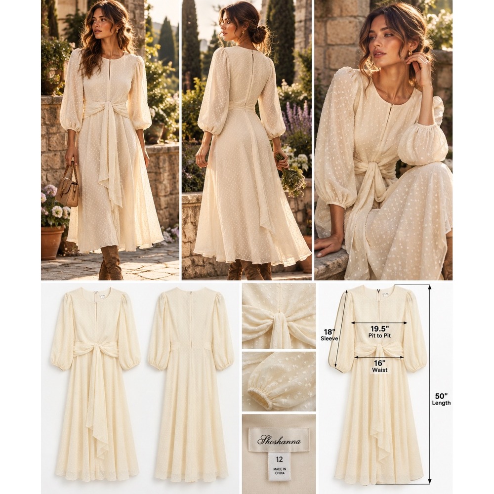 Shoshanna Ivory Swiss Dot Midi Dress 12 Puff Sleeve Cottagecore Prairie Bridal